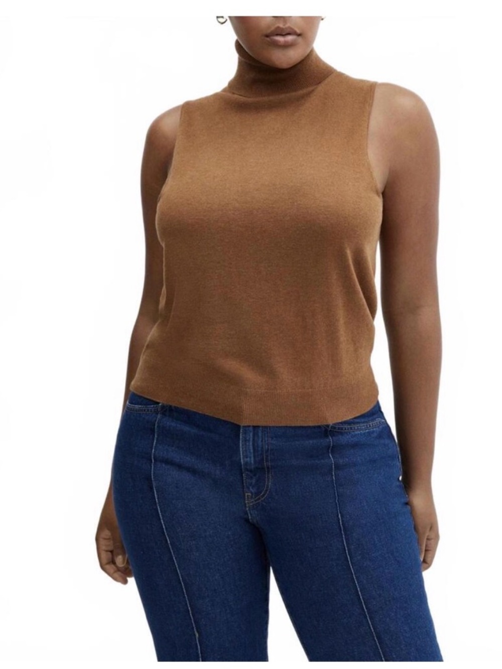 Mango MNG Sleeveless Turtleneck Sweater Tank Camel Brown Fine Knit Fitted M